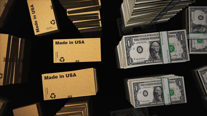Made in USA box and US Dollar money pack loop 3d illustration