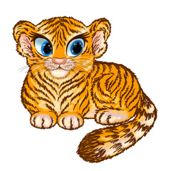 Cute tiger cub, hand-drawn, isolated on a white background.