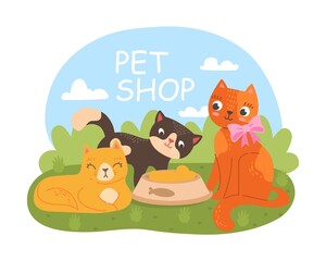 Cats on grass. Stylish design for animal kennel. Cute characters eat in nature. Comfort and convenience, care. Marketing and promotion banner for pet stores. Cartoon flat vector illustration