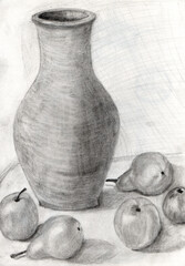 Black and white pencil drawing of a still life