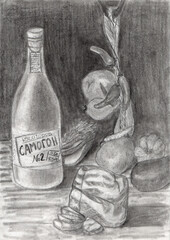 Black and white pencil drawing of a still life
