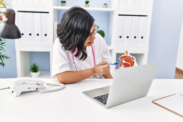 Young latin woman wearing doctor uniform holding anatomical model of respiratory system at clinic