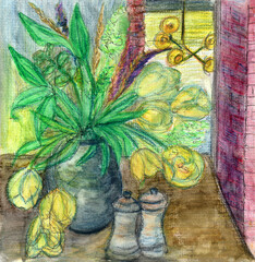 Picturesque drawing with colored paints of a still life