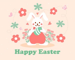 Easter bunny card. Hare with flowers, religious and traditional holidays. Easter design for greeting cards and banners. Picture for printing on childrens clothing. Cartoon flat vector illustration