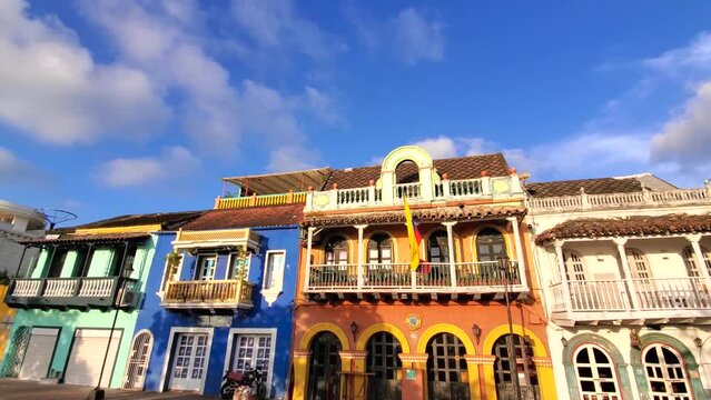 Cartagena, Colombia, 18 October, 2021: Scenic colorful streets of Cartagena in historic Getsemani district near Walled City, Ciudad Amurallada