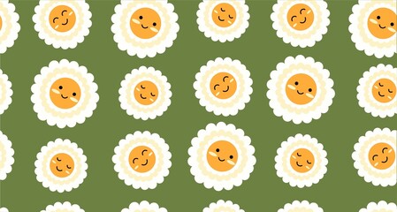 Flowers seamless pattern. Lovely stickers with flowers. Repeating patterns for printing on bed linen. Card, banner and poster design. Cartoon flat vector illustration isolated on green background