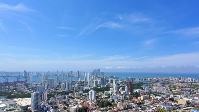 Colombia, scenic view of Cartagena cityscape, modern skyline, hotels and ocean bays Bocagrande and Bocachica from the lookout hill of Santa Cruz convent (Convento de la Popa).