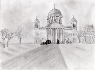 
Architectural Pencil Drawing: View of Esztergom Basilica