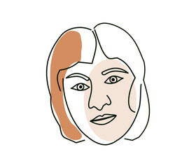 Woman, face with black outline, with colored spots, brown shades, on a white background, for design and print