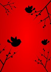 Birds sit down on the branches of rowan. Simple graphics on a red background.