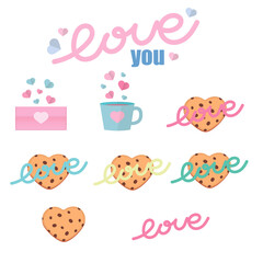 cookies love pink coffee letter love blue heart flat style cup hearts