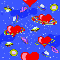 UFOs are flying in space looking for hearts, a planet of love in the shape of a red heart with orbits of hearts, where couples find each other.