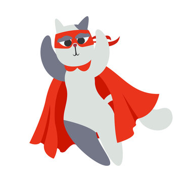 Superhero cat in red costume. Fictional character in cartoon style