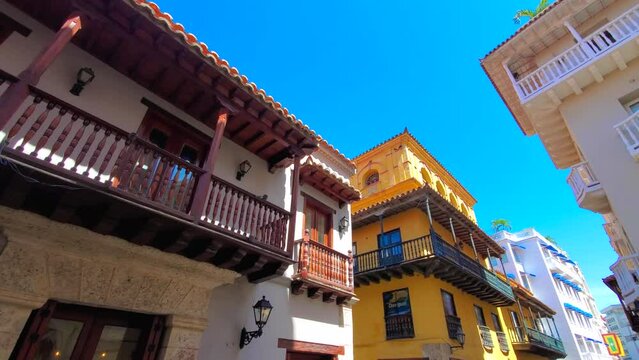 Famous colonial Cartagena Walled City, Cuidad Amurrallada, and its colorful buildings in historic city center, a designated UNESCO World Heritage Site.