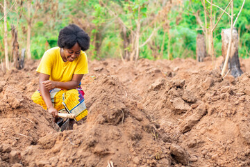female african farmer making ridges on farm - obrazy, fototapety, plakaty