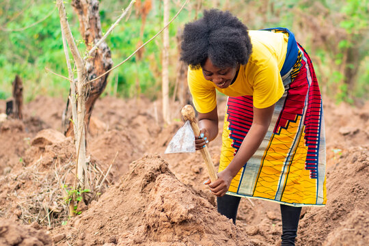 African Farmer Digging Ridges On Her Farm