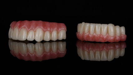 two prostheses for the upper and lower jaw with artificial gums on a black background with
