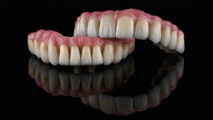 excellent composition of dental prostheses made of ceramic and titanium, photo on black glass with creative reflection