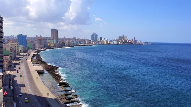 Scenic Havana skyline panorama of El Malecon, a broad landmark esplanade that stretches for 8 km along the coast in Havana past major city tourist attractions.