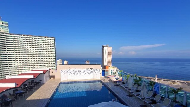 Panoramic aerial view of Old Havana streets and Havana Bay in historic city center close to tourists attractions of Paseo El Prado and Malecon..