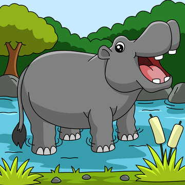 Hippo Cartoon Vector Colored Illustration