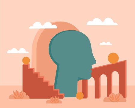 Mental health concept. Abstract minimalist images. Head silhouette next to stairs. Geometric figures. Internal balance and psychology. Imagination and philosophy. Cartoon flat vector illustration