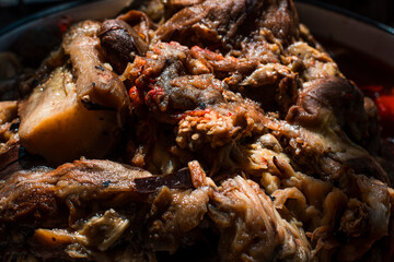 Grilled stacked roasted eggplant to make traditional national lyutenitsa in Bulgaria.