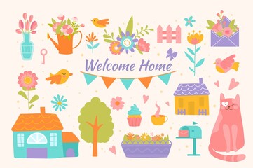 Sweet home set. Collection of icons and graphic elements for site. Everyday things, interior decorations. Stickers for social networks. Cartoon flat vector illustrations isolated on white background