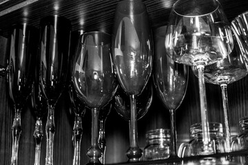 Red and black glass goblets.  black and white. 