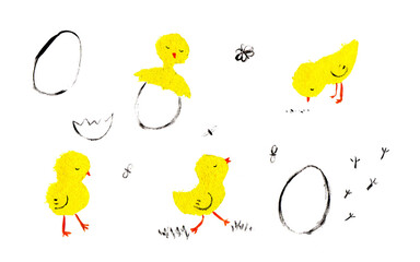 lovely cute simple hand drawn little yellow chicks and eggs set acrilic textured illustration Easter family kids 
