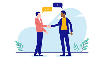 Casual business handshake - Two men shaking hands over deal and agreement. Flat design vector illustration with white background