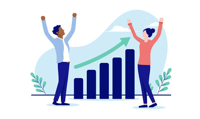 Happy with business results - Two people cheering and celebrating rising chart. Successful small business concept. Flat design vector illustration
