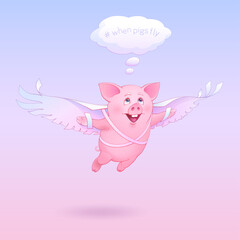 Obraz na płótnie Canvas When pigs fly. Cartoon drawing of meme. Eager piggy tied homemade paper wings to himself and tries to take off. Funny vector sticker with hashtag and idiom in the thought bubble. Blue and pink colors