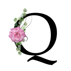 Capital letter Q decorated with pink rose and leaves. Letter of the English alphabet with floral decoration. Green foliage.