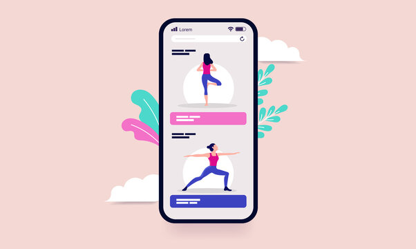 Yoga course app - Learn yoga online on smartphone concept. Vector illustration