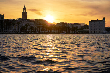 Travel by Croatia. Beautiful landscape with sunrise in Split Old Town on sea shore. 