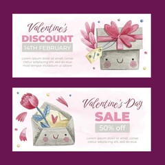 watercolor valentine day sale horizontal banners set design vector illustration design vector illustration