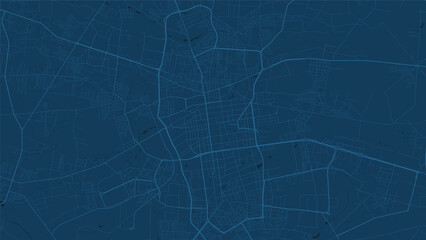 Dark blue Łódź city area vector background map, roads and water illustration. Widescreen proportion, digital flat design.
