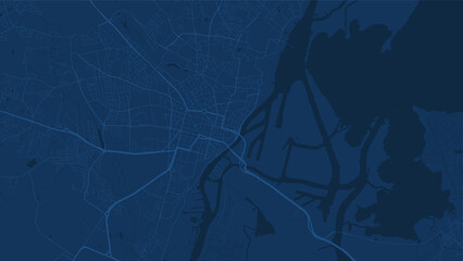 Dark blue Szczecin city area vector background map, roads and water illustration. Widescreen proportion, digital flat design. - obrazy, fototapety, plakaty