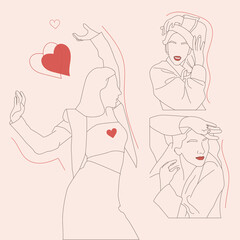 Silhouette of a girl in the style of line art. Beautiful minimalistic portrait of a girl. Dancing hands in a girl