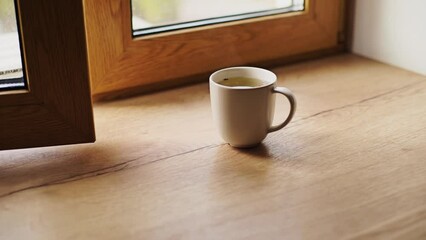 Morning freshly brewed coffee in a white espresso cup on a wooden windowsill - Powered by Adobe