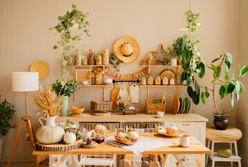 kitchen is made of wood with elements of eco style. autumn decor. 