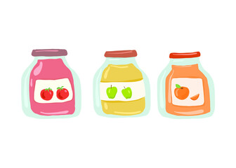 Fruit and vegetable juice in a jar. Tomato juice. Apple juice. Orange juice. Illustration for advertising, booklets, menu.