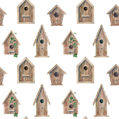 Obraz na płótnie Canvas Watercolor seamless pattern with wooden birdhouses
