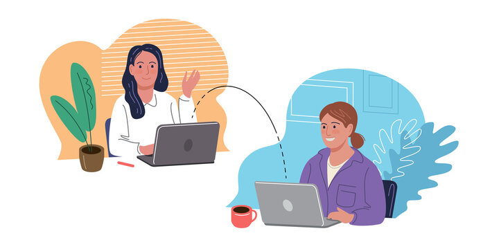 Video call conference. Business discussion, working from home, social distancing flat cartoon vector illustration