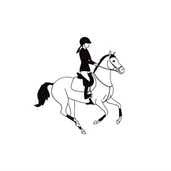 Black and white minimalist drawing of a teenager riding a pony