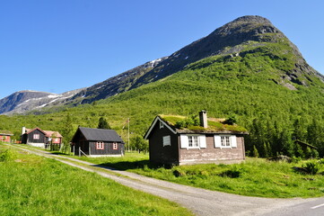Fototapeta na wymiar Wooden houses with grass on the roof. Typical Norwegian village houses in the countryside in the mountains.