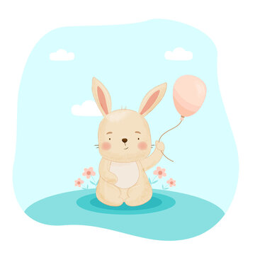 Cute bunny with a balloon and flowers isolated on a white background. Vector illustration for printing on fabric, birthday cards, posters, banners. Cute baby background for girls and boys.