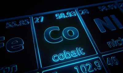 Focus on chemical element Cobalt illuminated in periodic table of elements. 3D rendering - obrazy, fototapety, plakaty