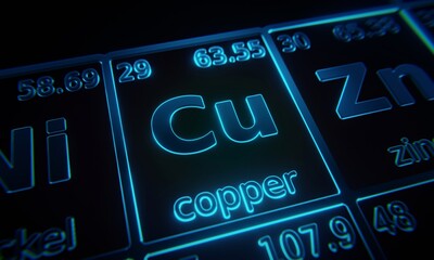 Focus on chemical element Copper illuminated in periodic table of elements. 3D rendering